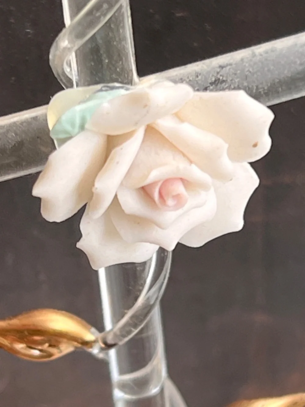Glass CROSS w/Porcelain Pink Rose and Gold Leaves - Handblown and Knitted Glass